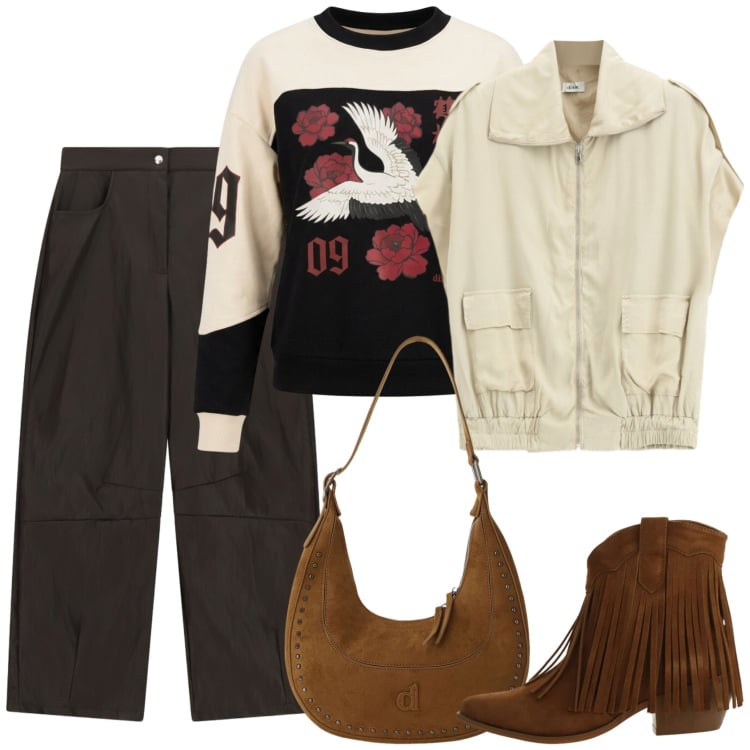 Outfit donna - La felpa e il gilet. Stile Trendy per Tutti i giorni. Abbinamento con stivaletti texani, pantaloni a palazzo, borse a spalla, felpe, gilet.