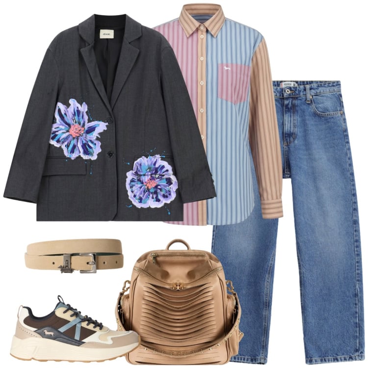 Outfit donna - Allegria. Stile Casual per Scuola/Università. Abbinamento con cinture, sneakers, camicie, jeans dritti, blazer, zaini.