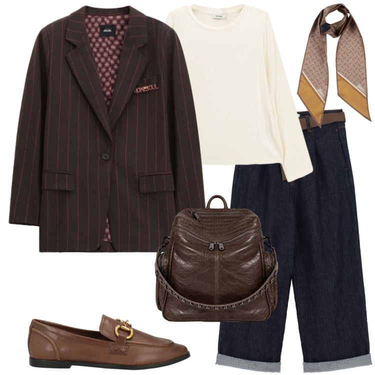 Outfit donna - Una giacca in città. Stile Casual chic per Ufficio. Abbinamento con sciarpe, mocassini, t-shirt, blazer, jeans, zaini.