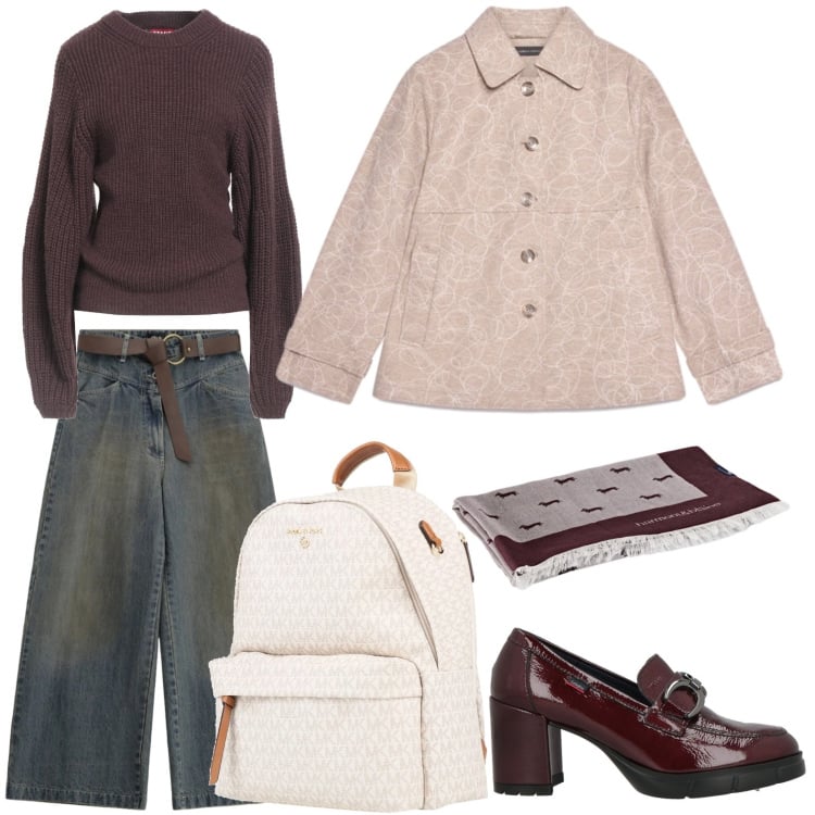 Outfit donna - Look odierno. Stile Casual per Scuola/Università. Abbinamento con pullovers, zaini, mocassini, sciarpe, jeans boyfriend, cappotti.