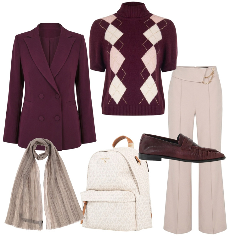 Outfit donna - Business mood. Stile Casual chic per Ufficio. Abbinamento con zaini, sciarpe, mocassini, pantaloni, blazer, maglieria.
