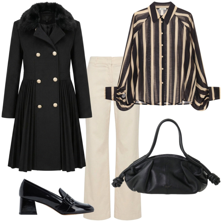 Outfit donna - A teatro con il cappotto bon ton. Stile Bon Ton per Serata fuori. Abbinamento con mocassini, pantaloni, borse a mano, camicie, cappotti.