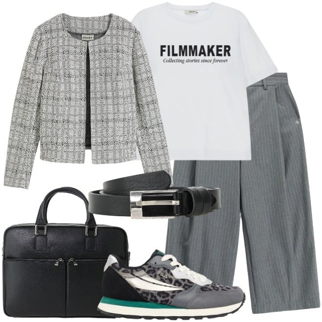 Outfit donna - Borsa da lavoro. Stile Casual chic per Tutti i giorni. Abbinamento con cardigans, sneakers, borse messenger, pantaloni a palazzo, t-shirt, cinture.