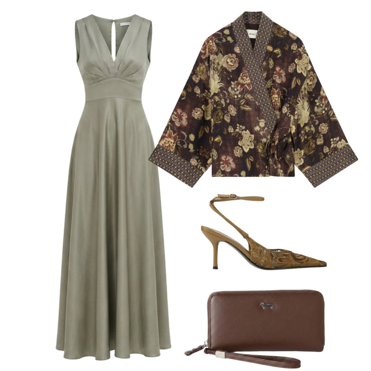 Outfit donna - Metti una sera a cena. Stile Glamour per Serata fuori. Abbinamento con décolleté, portafogli, kimono, vestiti lunghi.