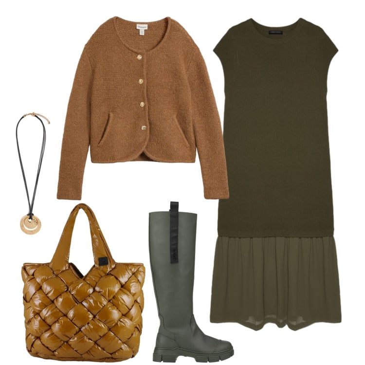 Outfit donna - Giornata in campagna. Stile Basic per Tutti i giorni. Abbinamento con stivali di gomma, cardigans, borse tote, vestiti lunghi, ciondoli.