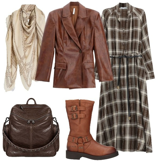Outfit donna - Blazer in ecopelle. Stile Urban per Tutti i giorni. Abbinamento con sciarpe, stivali, blazer, vestiti lunghi, zaini.