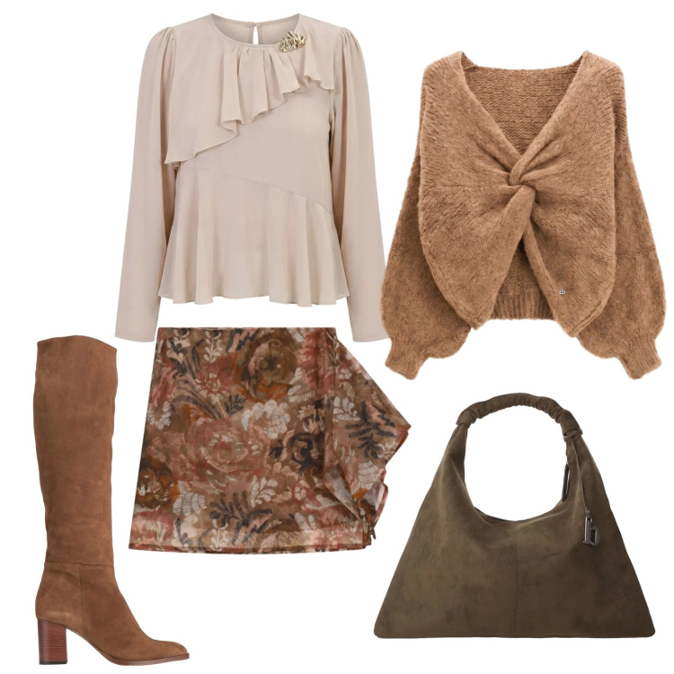 Outfit donna - Una minigonna romantica. Stile Romantica per Serata fuori. Abbinamento con stivali, borse a spalla, bluse, minigonne, maglieria.