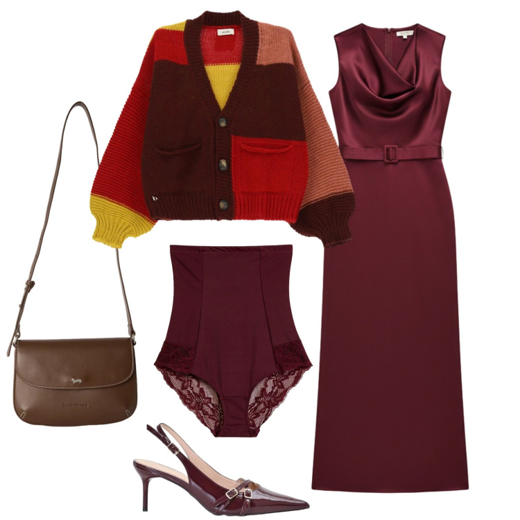 Outfit donna - Pullover casual e abito chic. Stile Chic per Serata fuori. Abbinamento con culotte, borse a tracolla, cardigans, vestiti lunghi, décolleté.