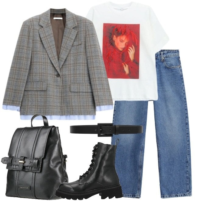 Outfit donna - Blazer un po\' "cattivo". Stile Rock per Tutti i giorni. Abbinamento con stivaletti, zaini, t-shirt, blazer, jeans dritti, cinture.
