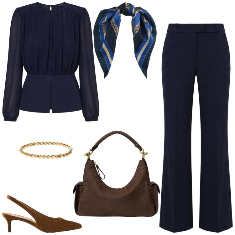 Outfit donna - Intramontabile blu. Stile Glamour per Ufficio. Abbinamento con pantaloni, camicie, borse a spalla, décolleté, foulard, braccialetti.