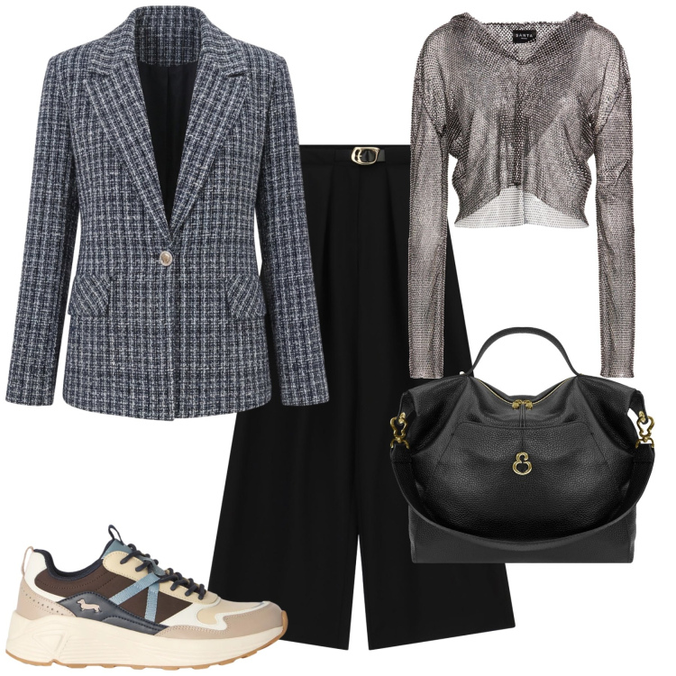 Outfit donna - Total look #2477410. Stile Urban per Tutti i giorni. Abbinamento con top, sneakers, pantaloni a palazzo, blazer, borse a spalla.