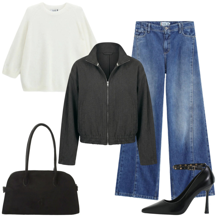 Outfit donna - Please. Stile Casual chic per Ufficio. Abbinamento con décolleté, maglieria, bomber, jeans, borse a spalla.