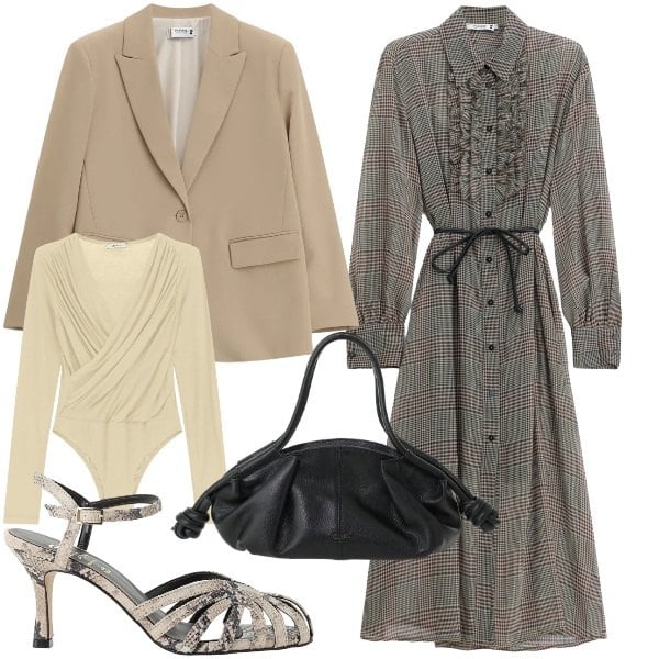 Outfit donna - Please - FW26. Stile Chic per Ufficio. Abbinamento con vestiti midi/longuette, blazer, borse a mano, sandali in pelle, body.