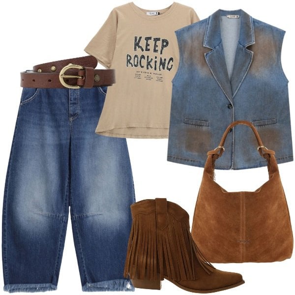 Outfit donna - Please - FW26. Stile Rock per Tutti i giorni. Abbinamento con stivaletti texani, borse a spalla, t-shirt, jeans, gilet, cinture.