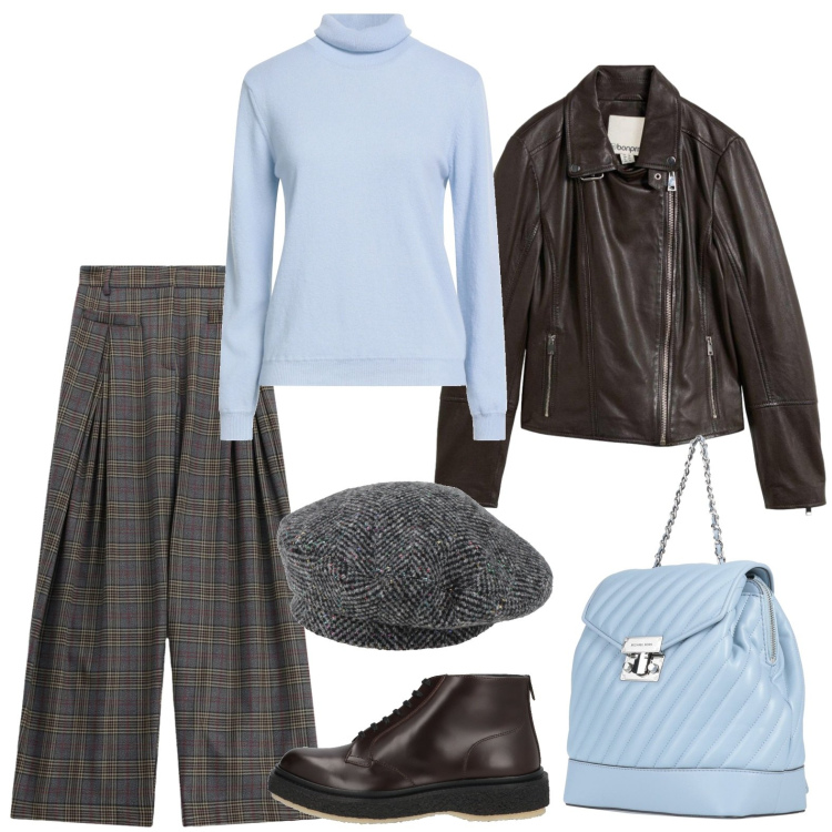 Outfit donna - Stile metropolitano. Stile Urban per Ufficio. Abbinamento con zaini, cappelli e berretti, maglieria, stivaletti, giacche, pantaloni a palazzo.