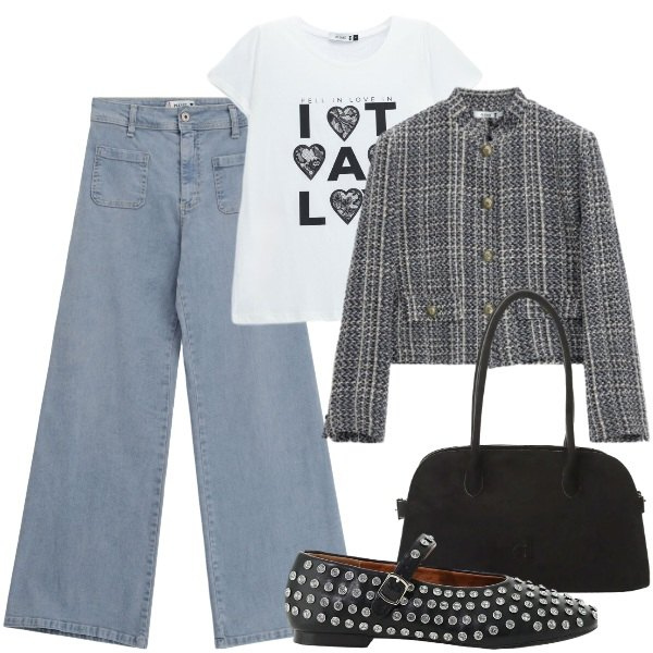 Outfit donna - Please - FW26. Stile Urban per Tutti i giorni. Abbinamento con borse a spalla, ballerine, cappotti, t-shirt, jeans.