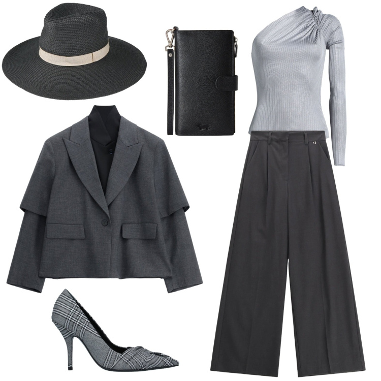 Outfit donna - Cerimonia civile in autunno. Stile Glamour per Tutti i giorni. Abbinamento con décolleté, body, cappelli, portafogli, blazer, pantaloni a palazzo.