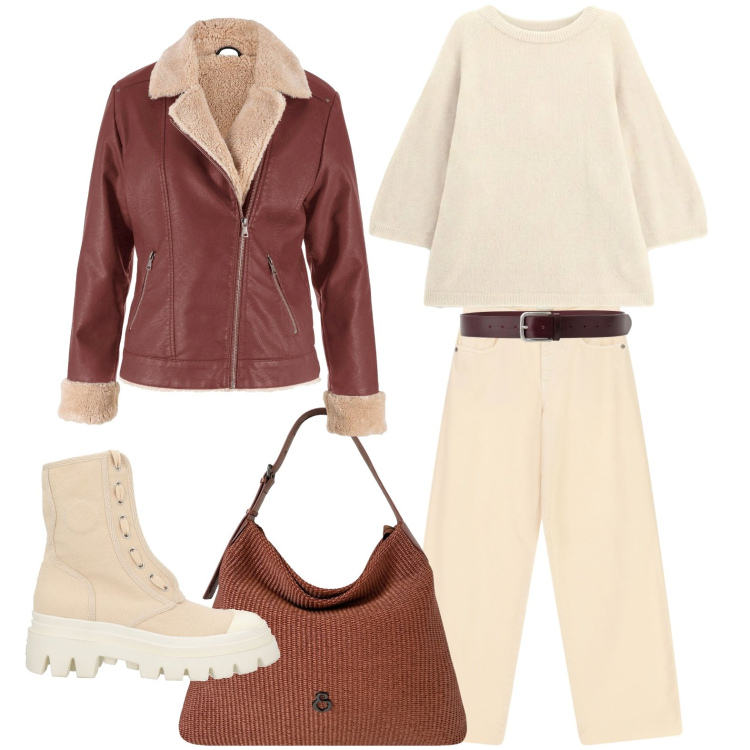 Outfit donna - Ecomontone e anfibi. Stile Basic per Ufficio. Abbinamento con stivaletti, bomber, maglieria, jeans dritti, cinture, borse a spalla.