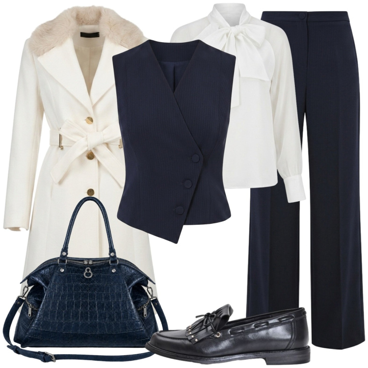 Outfit donna - Classico blu. Stile Bon Ton per Ufficio. Abbinamento con mocassini, bluse, gilet, cappotti, pantaloni a palazzo, shopping bag.