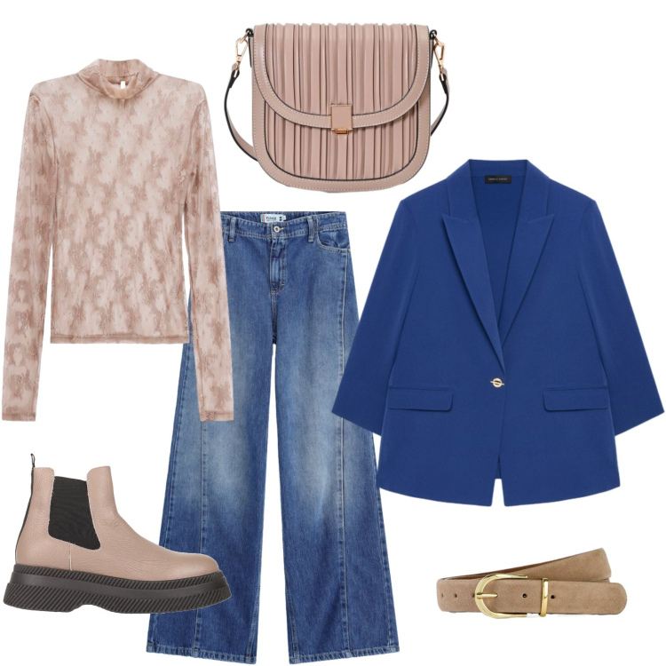 Outfit donna - Un delicato color cipria. Stile Urban per Ufficio. Abbinamento con stivaletti, cinture, t-shirt, borse a tracolla, jeans, blazer.