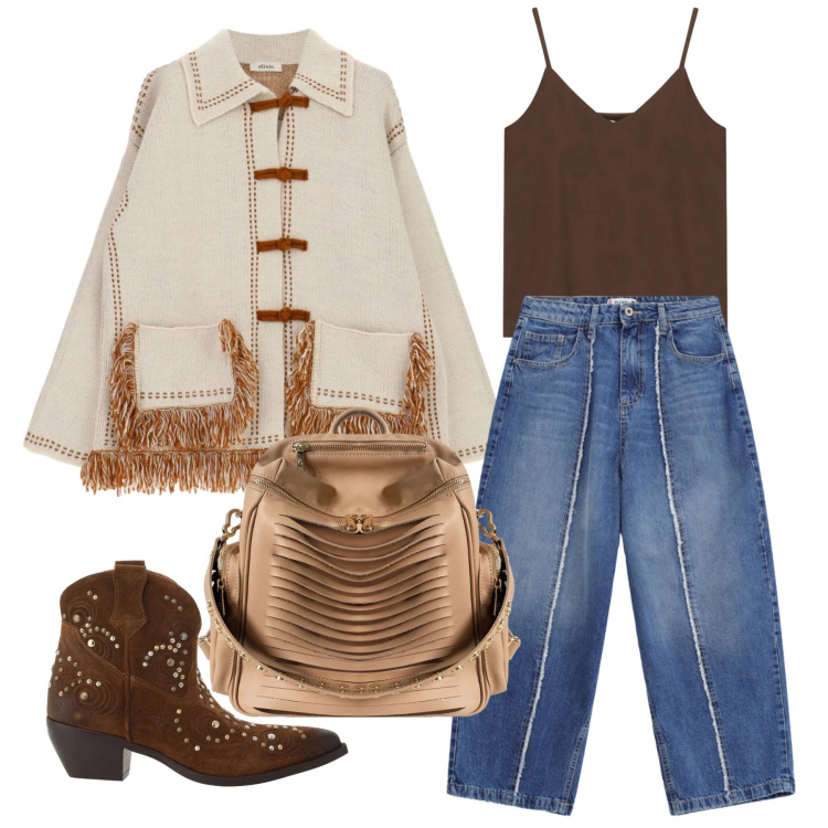 Outfit donna - Settembre. Stile Casual per Tutti i giorni. Abbinamento con stivaletti texani, cardigans, top, jeans dritti, zaini.