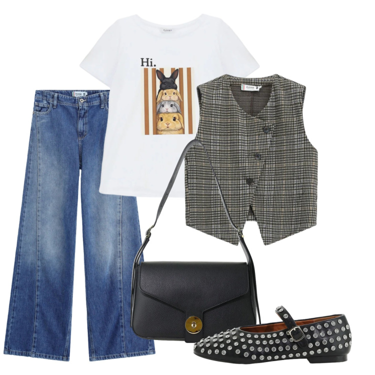 Outfit donna - Please - FW26. Stile Casual chic per Tutti i giorni. Abbinamento con borse a spalla, gilet, t-shirt, jeans, ballerine.