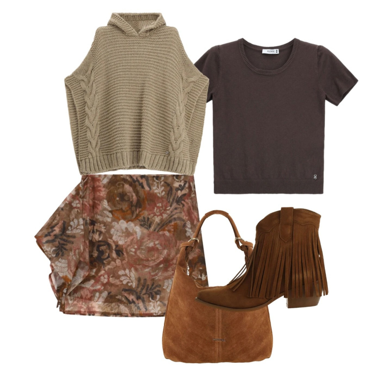 Outfit donna - Please - FW26. Stile Chic per Tutti i giorni. Abbinamento con stivaletti texani, borse a spalla, minigonne, t-shirt, maglieria.