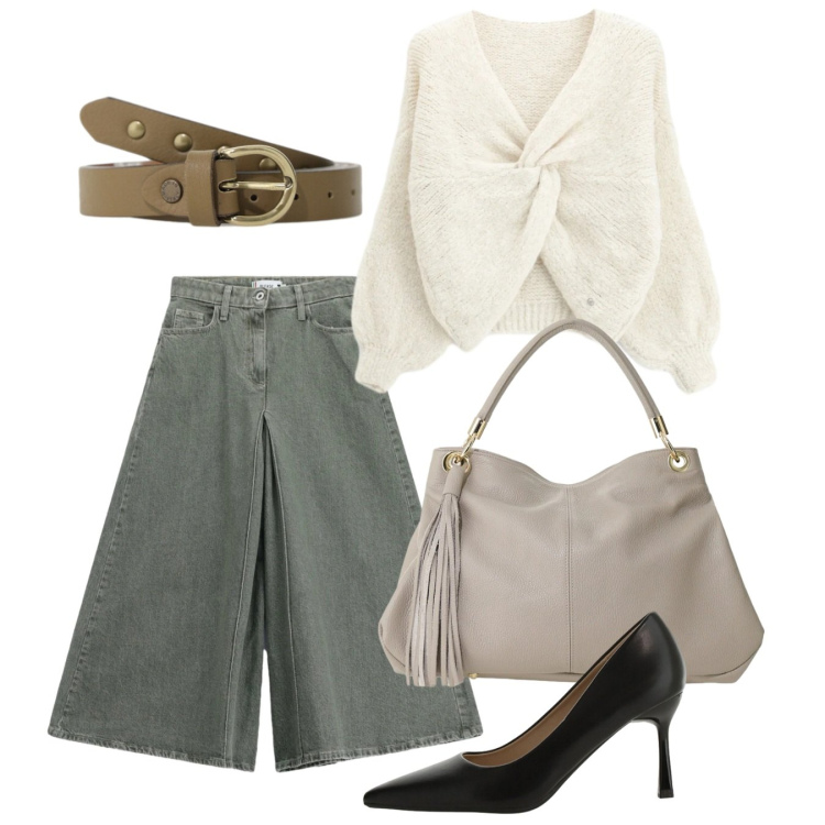 Outfit donna - Please - FW26. Stile Chic per Tutti i giorni. Abbinamento con borse a spalla, décolleté, pantaloni, maglieria, cinture.