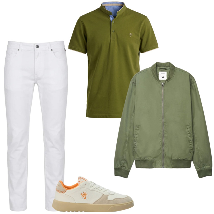 Outfit uomo - Total look #2477463. Stile Casual per Tutti i giorni. Abbinamento con sneakers, pantaloni, polo, bomber.