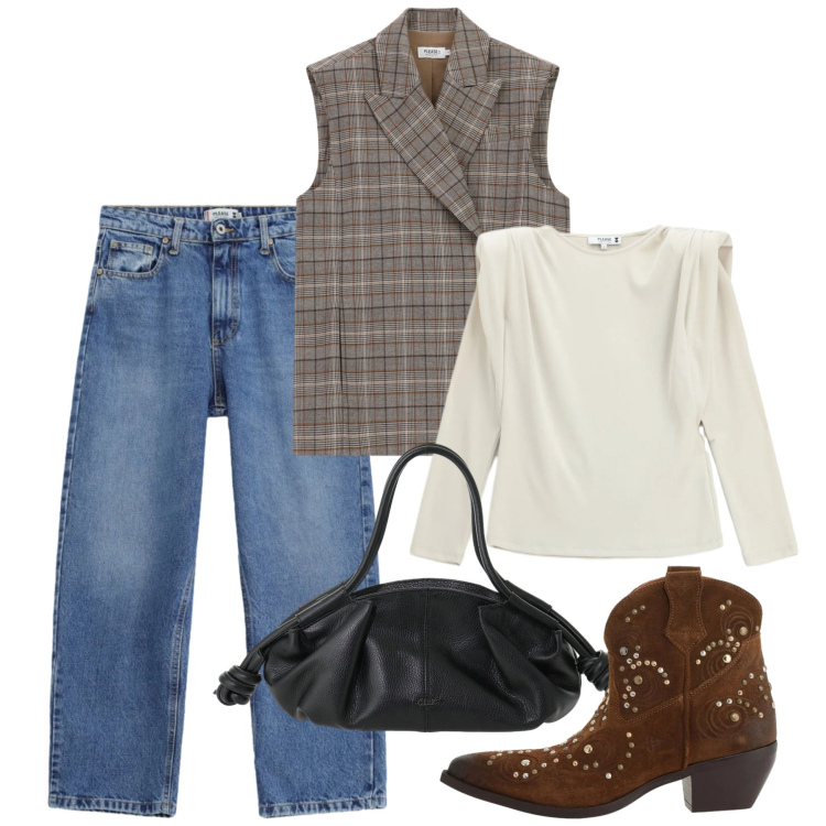 Outfit donna - Please - FW26. Stile Boho per Tutti i giorni. Abbinamento con jeans dritti, t-shirt, gilet, borse a mano, stivaletti texani.