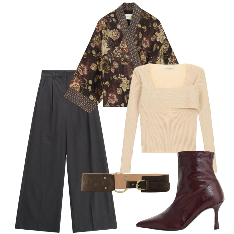 Outfit donna - Dixie - FW26. Stile Chic per Ufficio. Abbinamento con stivaletti, pantaloni a palazzo, t-shirt, cinture, kimono.