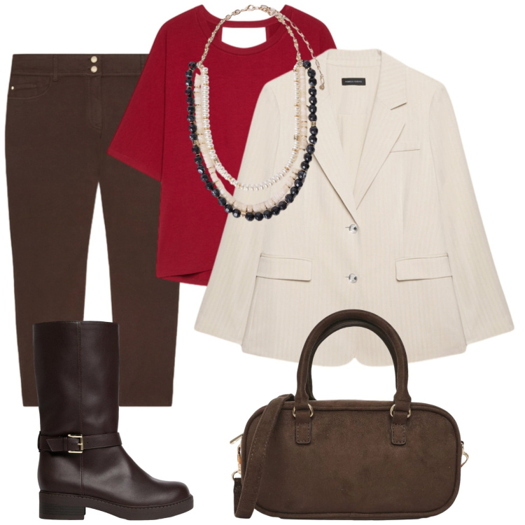 Outfit donna - Total look #2477472. Stile Chic per Ufficio. Abbinamento con stivali, borse a tracolla, blazer, t-shirt, pantaloni skinny, collane.