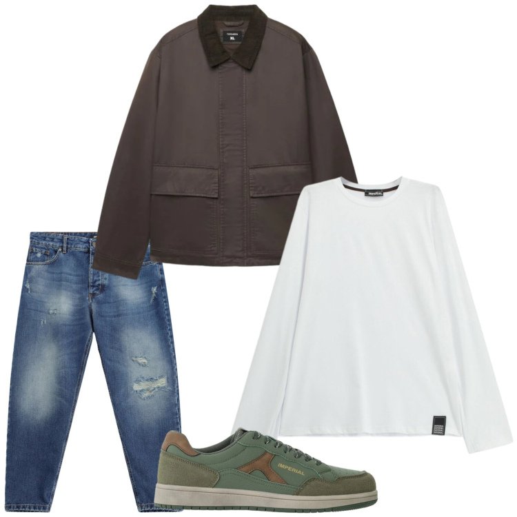 Outfit uomo - Total look #2477474. Stile Casual per Ufficio. Abbinamento con jeans strappati, t-shirt, sneakers, cappotti.
