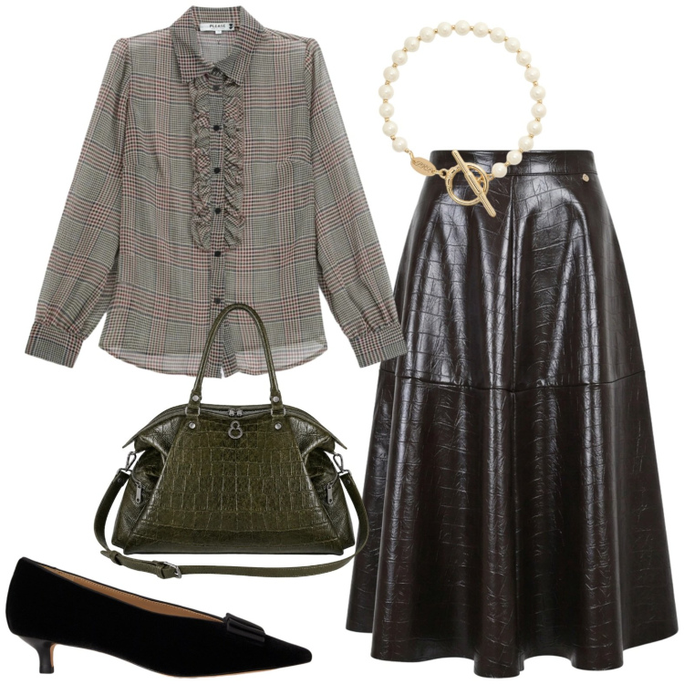 Outfit donna - Iconic. Stile Chic per Ufficio. Abbinamento con gonne longuette, camicie, shopping bag, braccialetti, décolleté.