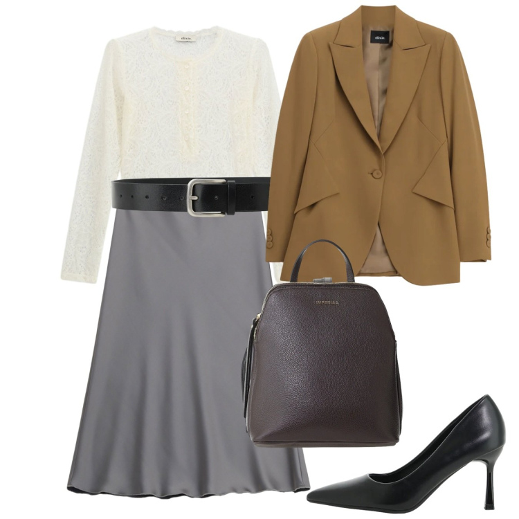 Outfit donna - Dixie - FW26. Stile Bon Ton per Ufficio. Abbinamento con décolleté, zaini, gonne longuette, cinture, body, blazer.