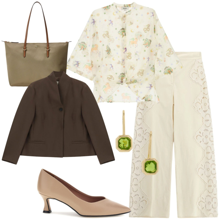 Outfit donna - Business woman. Stile Chic per Ufficio. Abbinamento con pantaloni a palazzo, camicie, blazer, borse tote, orecchini, décolleté.