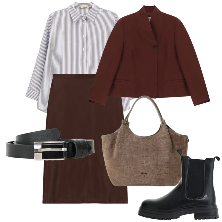 Outfit donna - Dixie - FW26. Stile Bon Ton per Ufficio. Abbinamento con stivaletti chelsea, gonne longuette, camicie, borse a spalla, blazer, cinture.