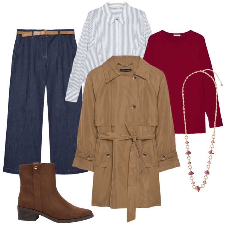 Outfit donna - Total look #2477486. Stile Casual chic per Ufficio. Abbinamento con stivaletti, trench, jeans, camicie, collane, maglieria.
