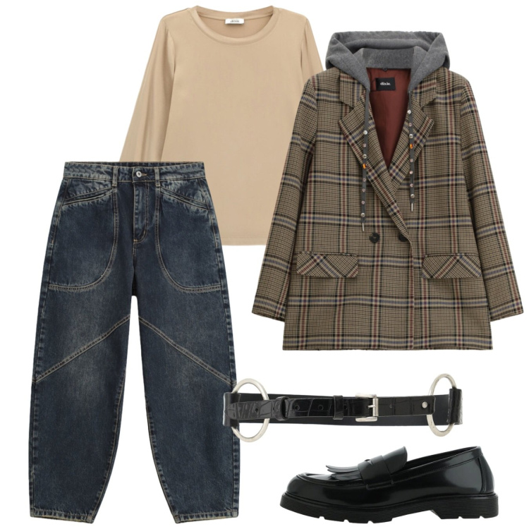 Outfit donna - Dixie - FW26. Stile Urban per Scuola/Università. Abbinamento con t-shirt, jeans, blazer, mocassini, cinture.