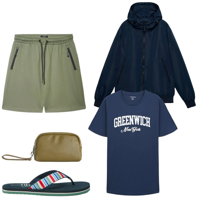 Outfit uomo - Total look #2477501. Stile Urban per Tutti i giorni. Abbinamento con borse sportive, sandali, t-shirt sportive, pantaloncini sportivi, giacche sportive.