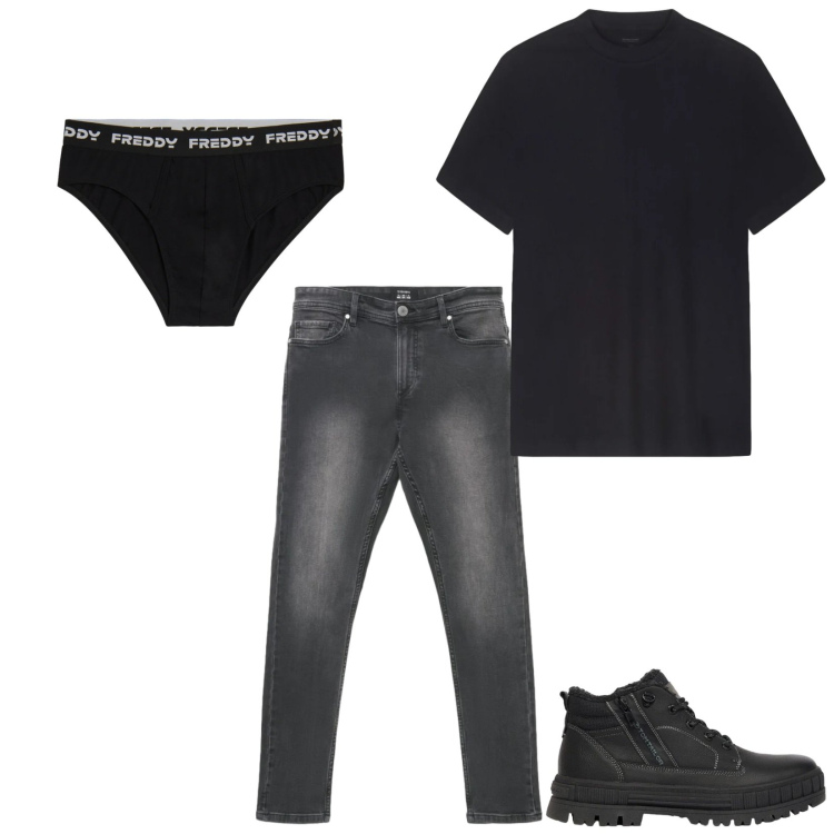 Outfit uomo - Total look #2477515. Stile Casual per Tutti i giorni. Abbinamento con t-shirt, slip, jeans skinny, stivali e stivaletti.