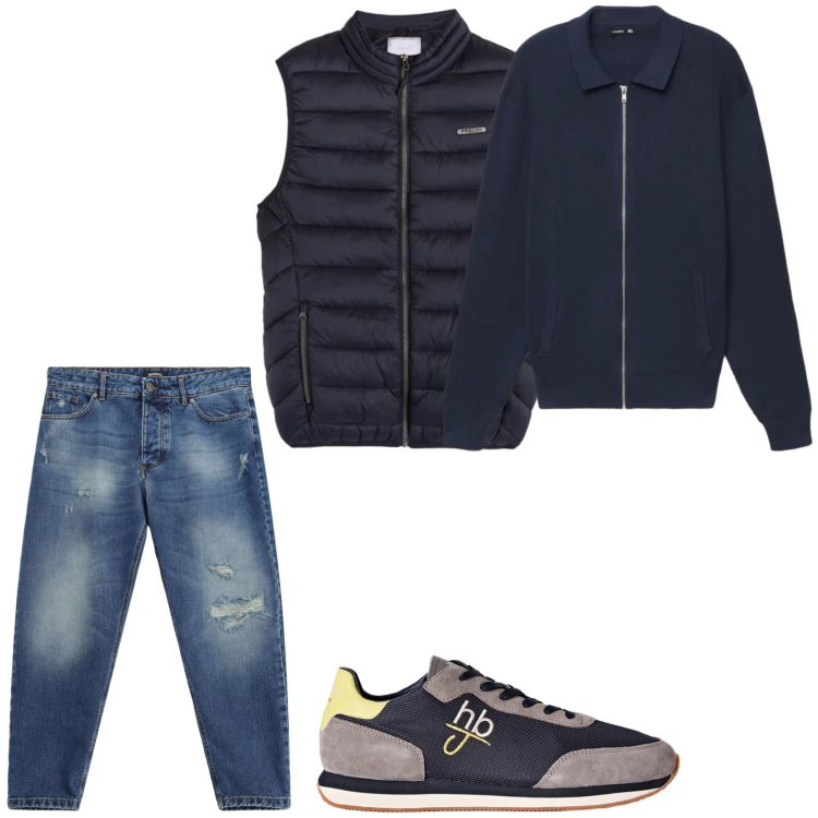 Outfit uomo - Total look #2477520. Stile Casual per Ufficio. Abbinamento con sneakers, jeans strappati, piumini, felpe.