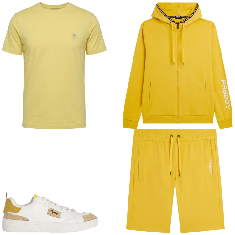 Outfit uomo - Total look #2477521. Stile Urban per Tutti i giorni. Abbinamento con t-shirt, sneakers, felpe con cappuccio, pantaloni corti.