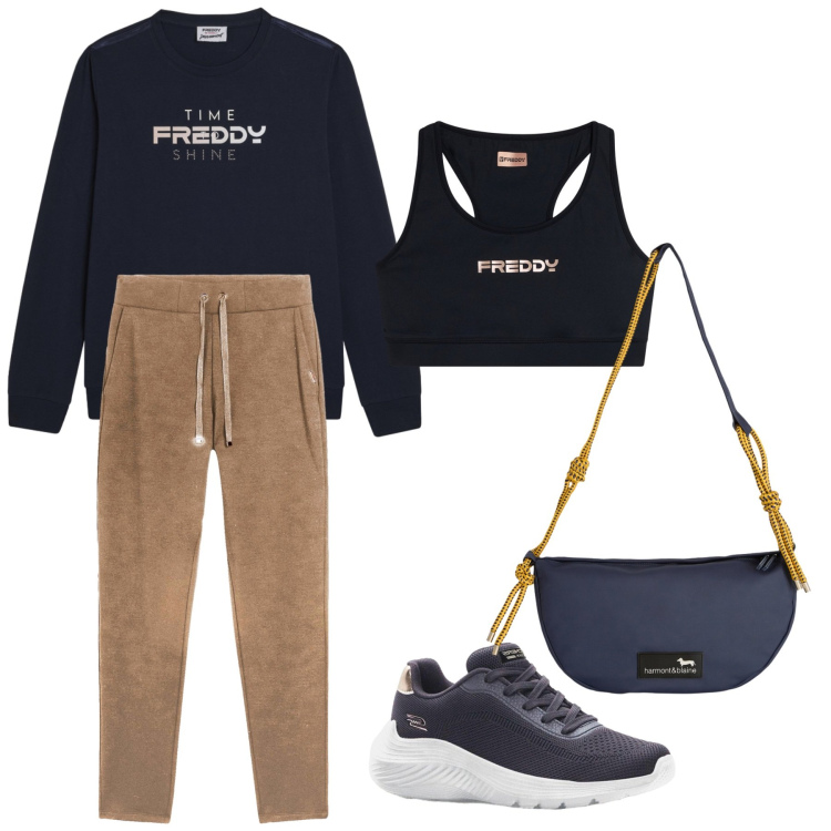 Outfit donna - Sportivo e comodo. per Tutti i giorni. Abbinamento con sneakers, borse a tracolla, pantaloni, top, felpe.