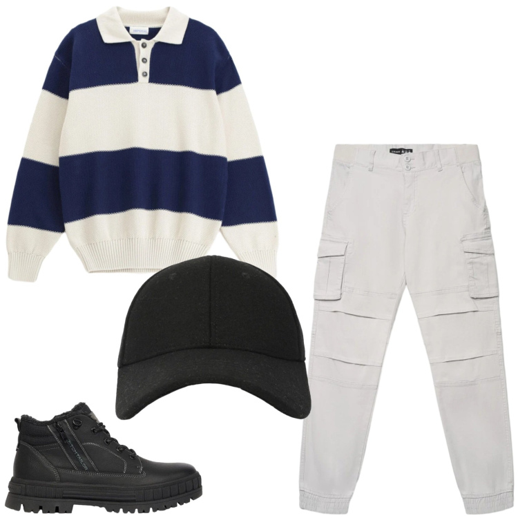 Outfit uomo - Total look #2477529. Stile Urban per Tutti i giorni. Abbinamento con maglieria, pantaloni cargo, cappelli con visiera, stivali e stivaletti.