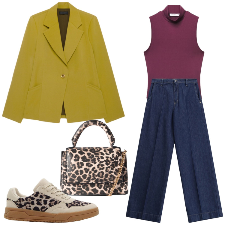 Outfit donna - Colori di settembre. Stile Casual per Tutti i giorni. Abbinamento con sneakers, borse a tracolla, top, jeans, blazer.