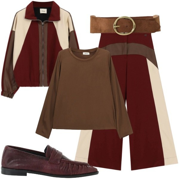 Outfit donna - Dixie - FW26. Stile Urban per Tutti i giorni. Abbinamento con t-shirt, mocassini, cinture, pantaloni a palazzo, bomber.