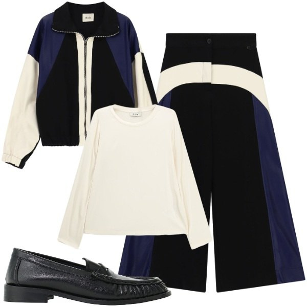 Outfit donna - Dixie - FW26. Stile Urban per Tutti i giorni. Abbinamento con mocassini, t-shirt, bomber, pantaloni a palazzo.