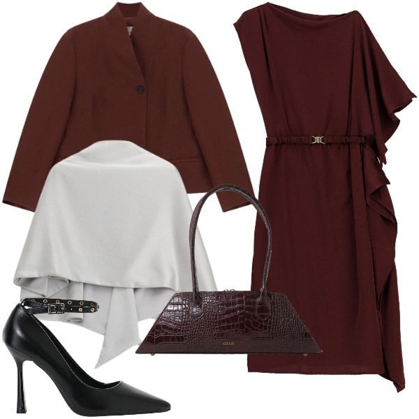 Outfit donna - Dixie - FW26. Stile Chic per Cerimonia. Abbinamento con décolleté, scialli, borse a spalla, blazer, vestiti asimmetrici.