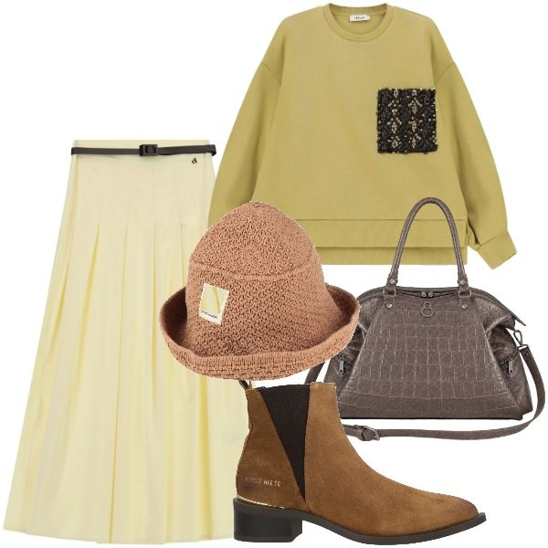 Outfit donna - Eventi in città. Stile Trendy per Tutti i giorni. Abbinamento con stivaletti texani, cappelli, gonne lunghe, felpe, shopping bag.